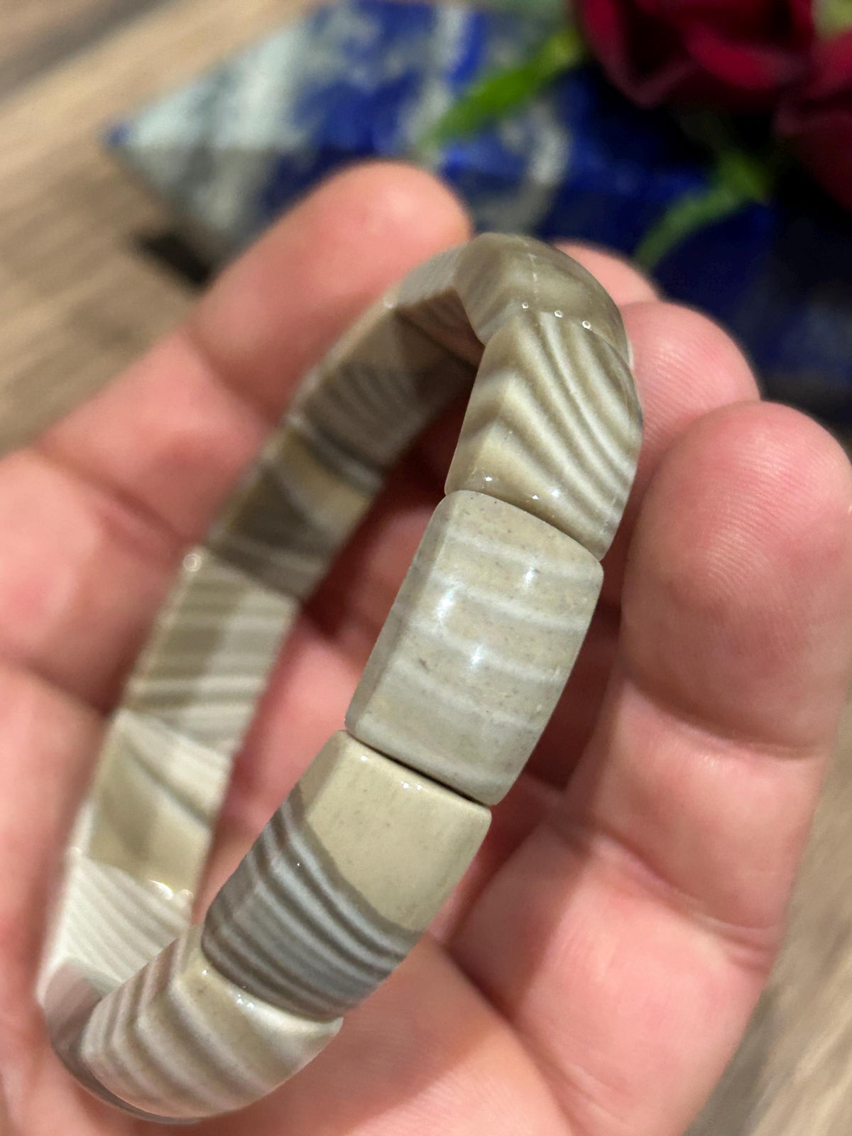 Agata Bandata Marrone, Bracciale con perla rettangolare , Lunghezza di 17 Cm