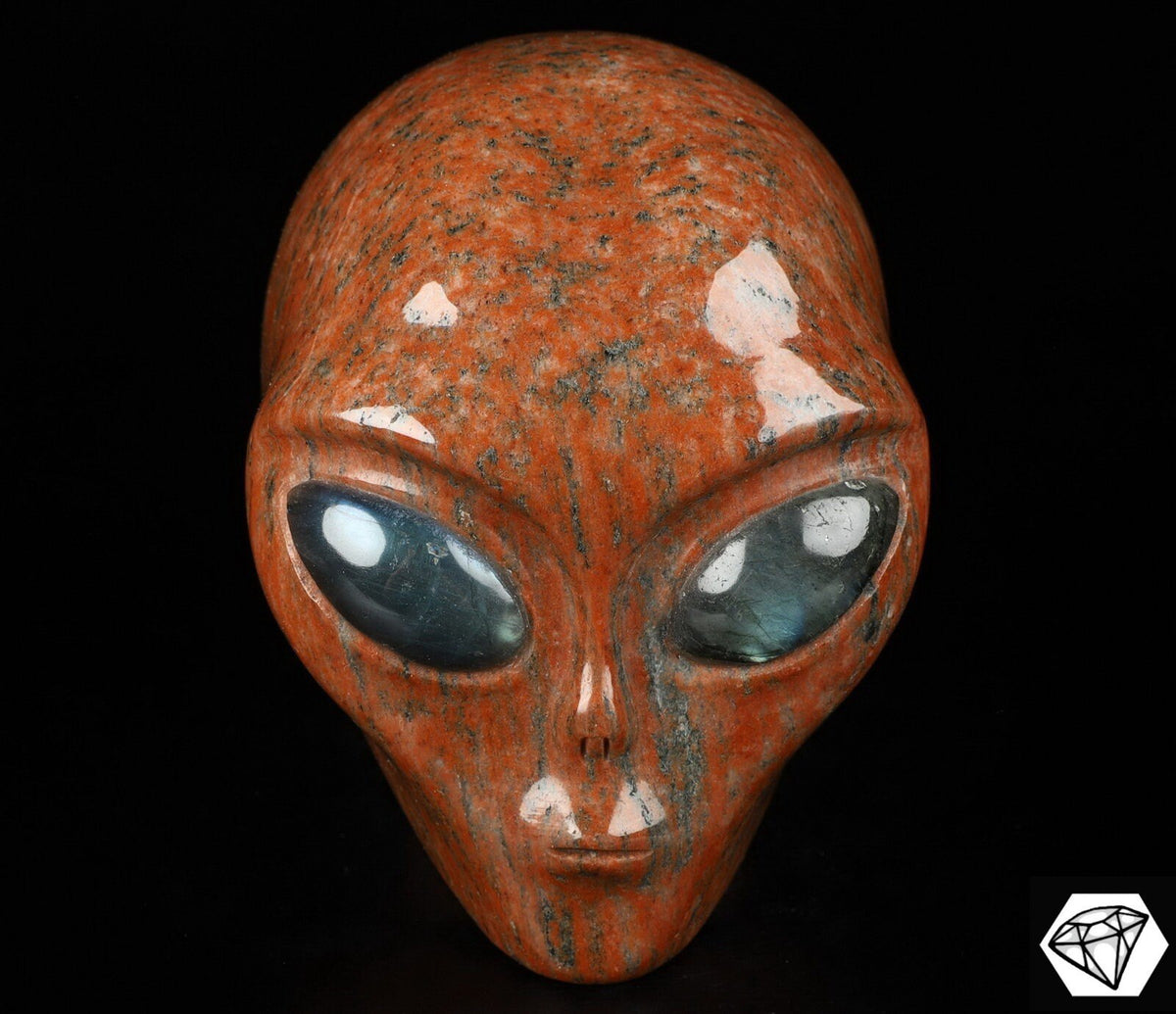 Crâne alien Roswell en granit rouge et labradorite · Pierre naturelle XL