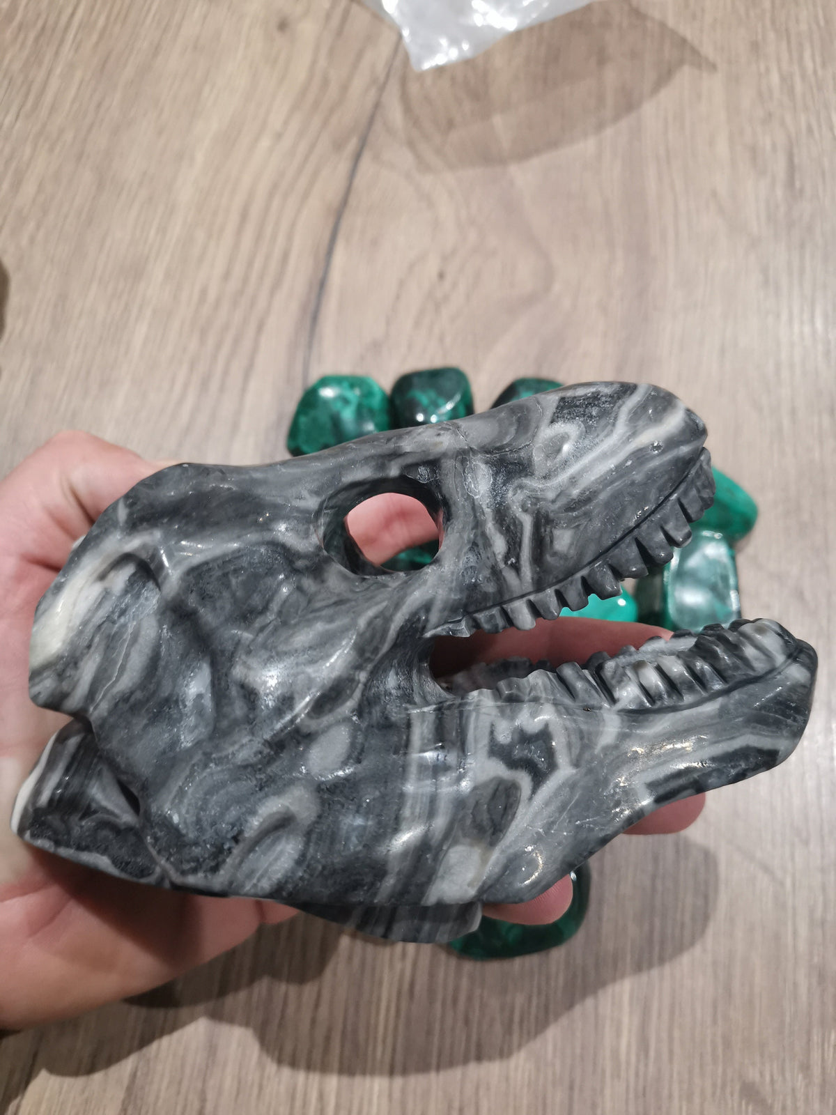 Crâne de tyrannosaure en jaspe Gris , Sculpture statue 958 Grammes Crystal Skull