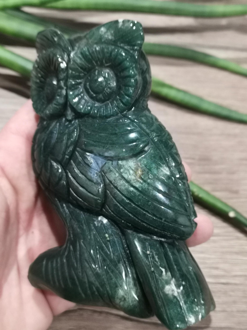 Owl Carved in Natural Stone, Moss Agate, Cut Mineral 646 Gr
