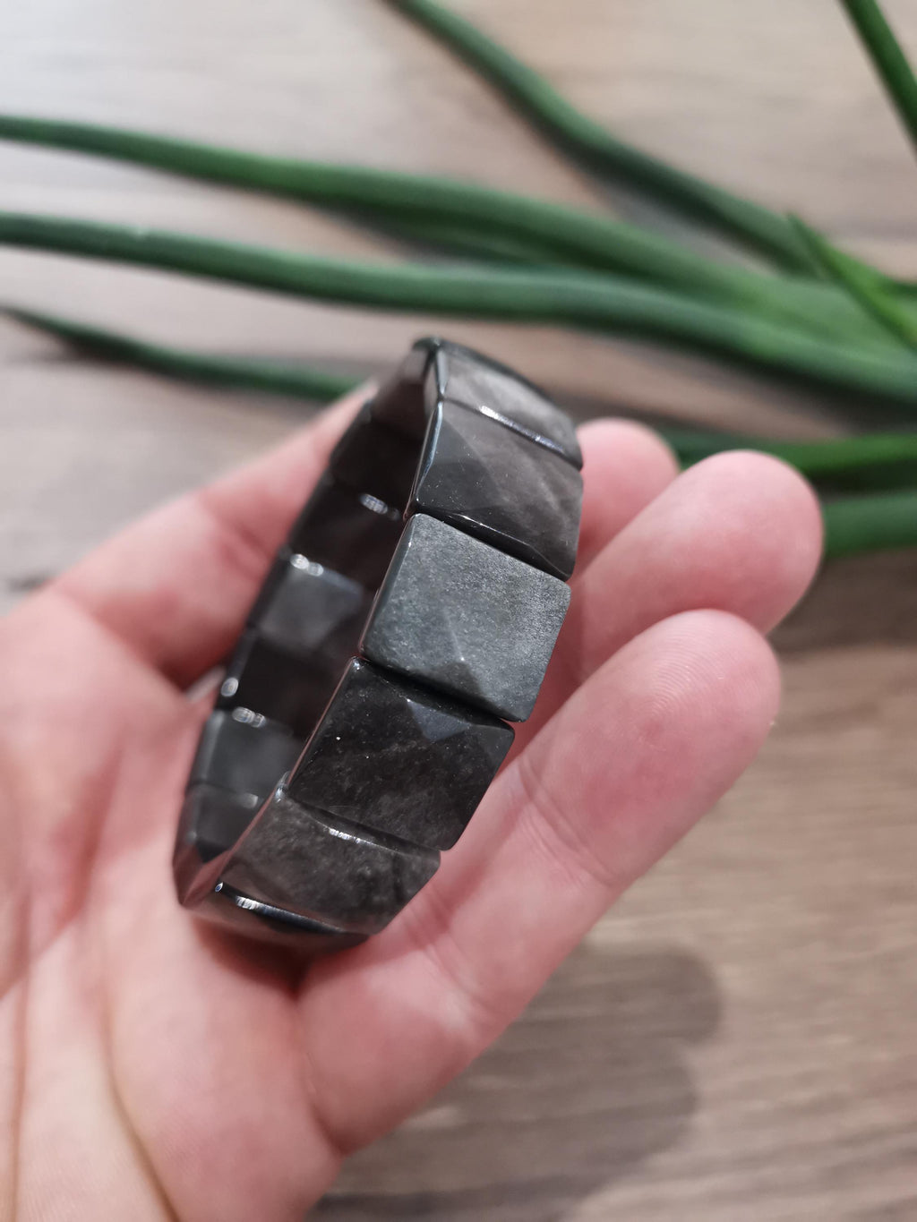 Black Obsidian with Silver Reflection, Large 16 x 13 mm Rectangular Bead, Premium Quality / Flexible Bangle Bracelet