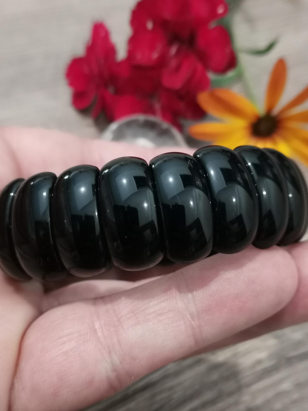 Obsidiana Negra, pulseira à medida -> Conta meia-lua larga de 22 por 11 mm, fabrico com comprimento à medida
