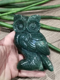 Owl Carved in Natural Stone, Moss Agate, Cut Mineral 646 Gr
