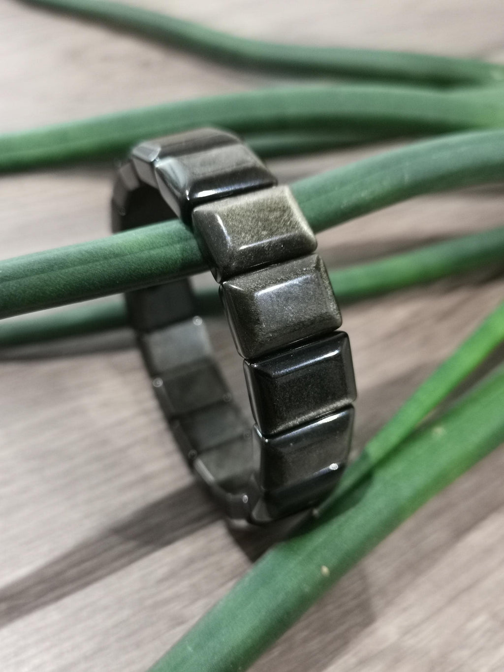 Bracelet en Obsidienne Dorée -> Perle Forme Lingotin de 15 / 11 mm , Circonférence intérieur 17 CM