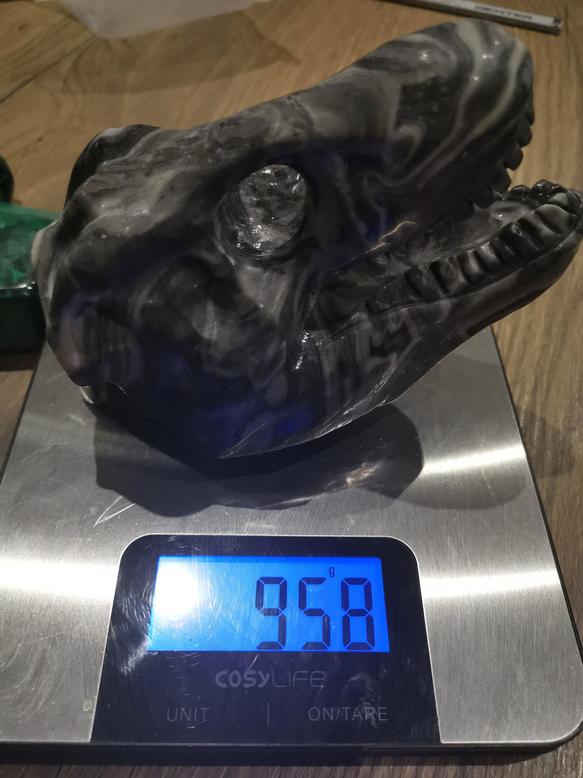 Tyrannosaurus schedel van grijze jaspis, sculptuur standbeeld 958 gram Crystal Skull