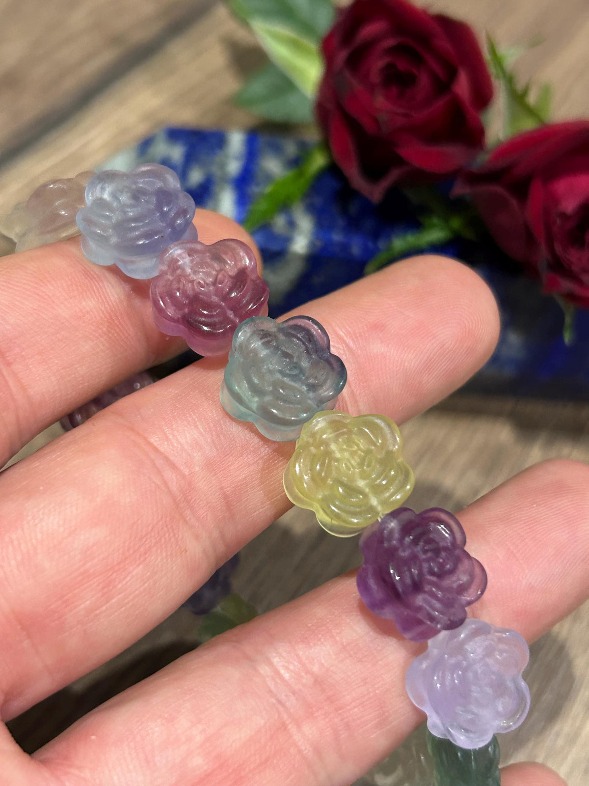 Fluorite multicolorida  , Pulseira de contas em forma de Flor / Minerais / Litoterapia