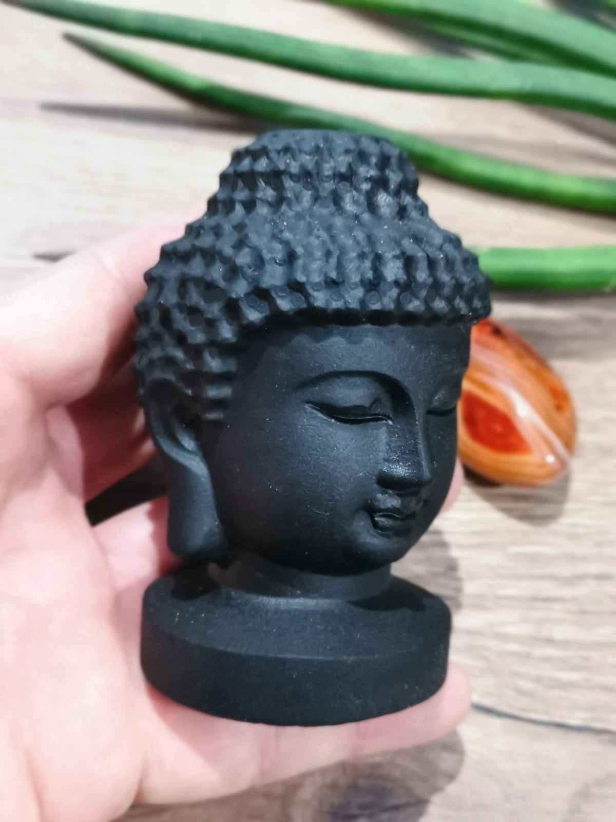 Tête de Bouddha 464 Grammes , statue en pierre naturelle / Obsidienne Noir Mat