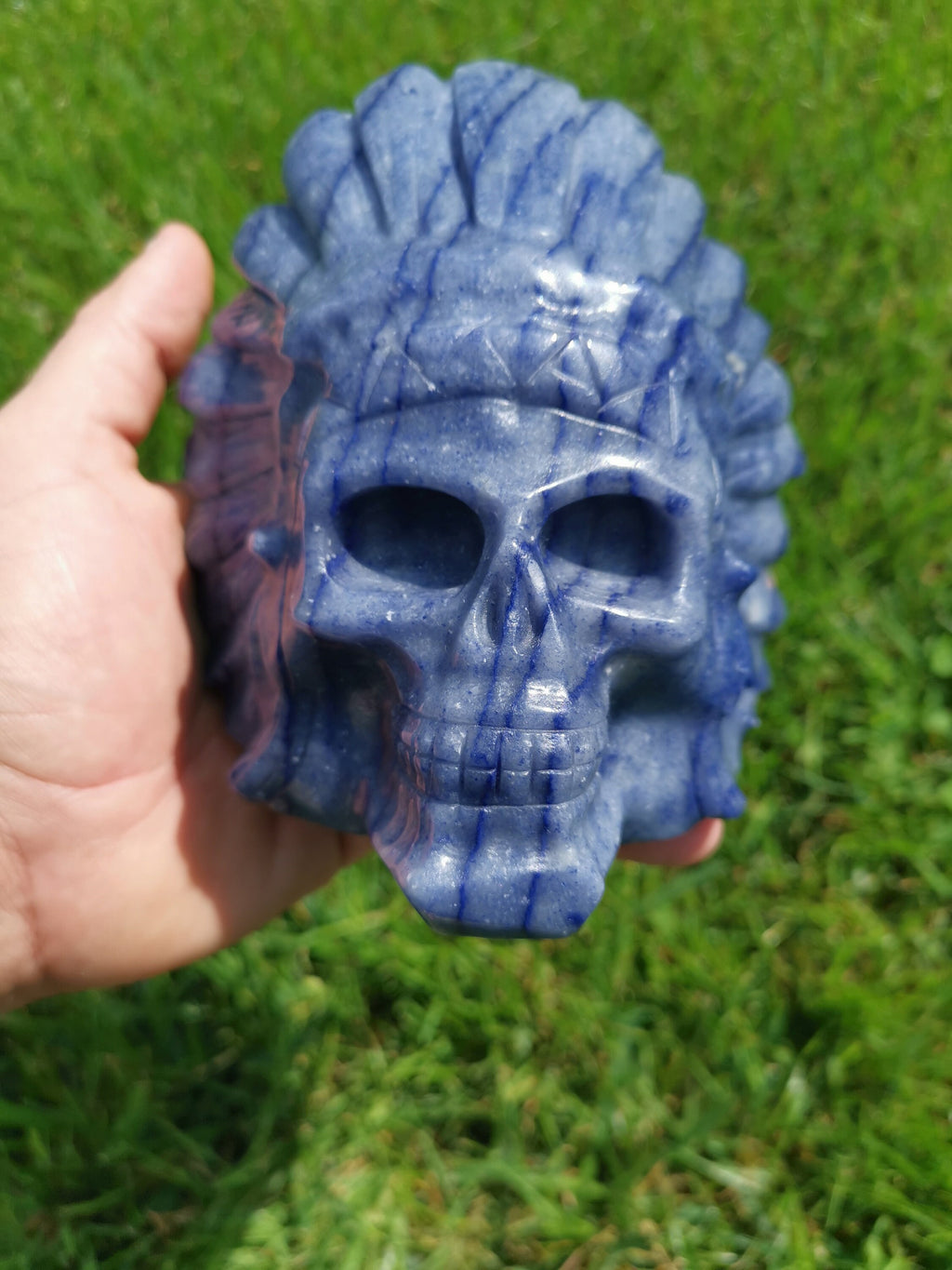 Inheems Amerikaans hoofd van blauwe avonturijn, 1,5 kg, standbeeld, sculptuur van natuursteen, Crystal Skull