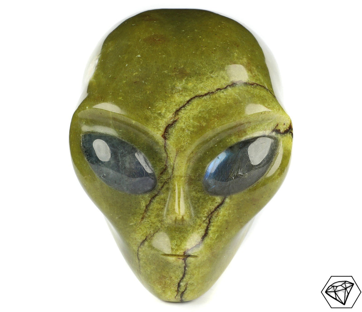Chrysoprasen-Stein Zitrone / Skulptur Kopf , Schädel außerirdischen Typs Roswell , geschnitzte Mineralien / Wunderkammer