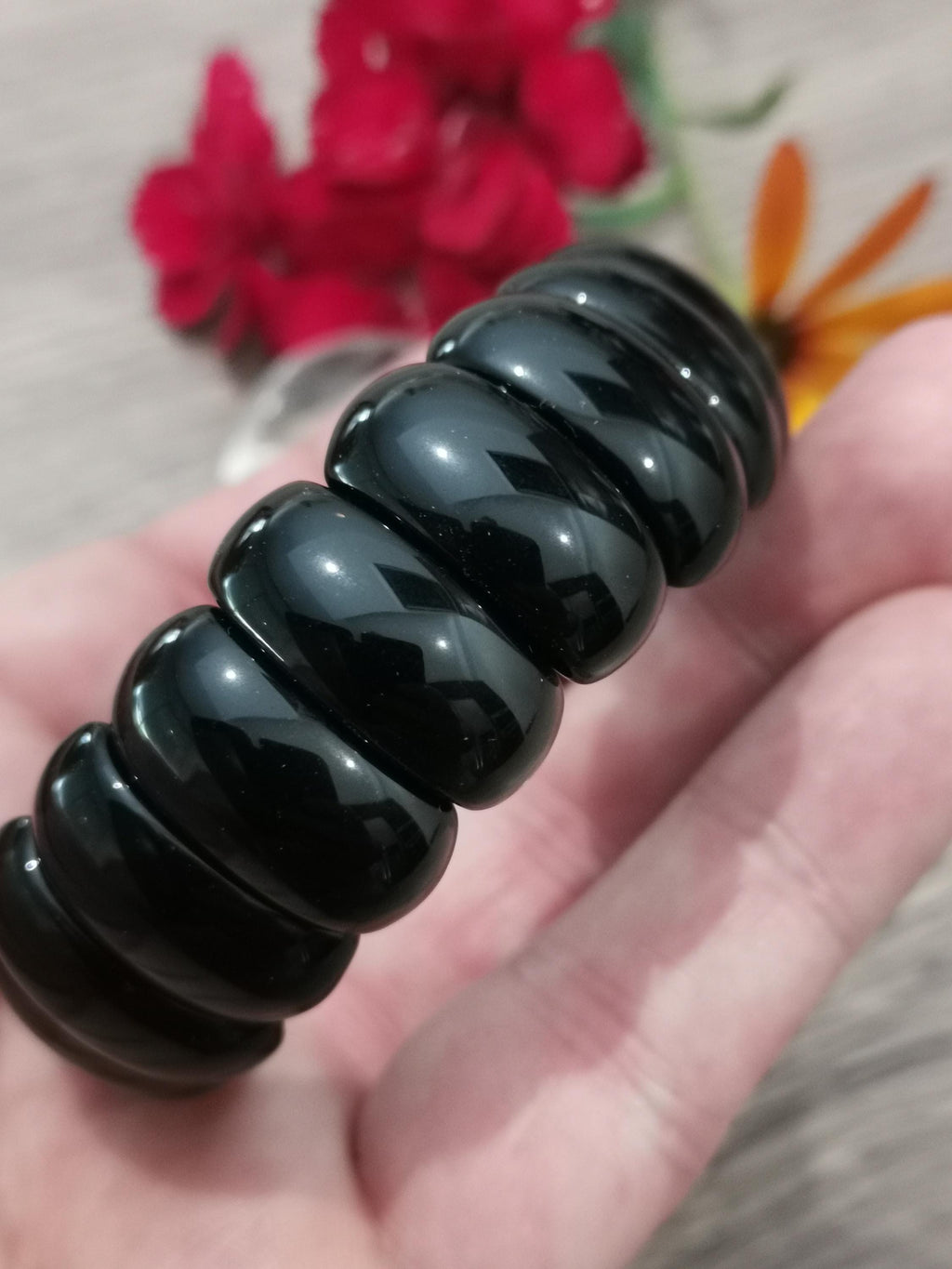 Ossidiana Nera,  bracciale Su Misura -> Perla a mezzaluna larga 22 x 11 mm, Realizzazione lunghezza su misura
