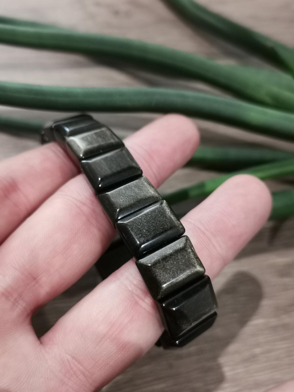 Bracelet en Obsidienne Dorée -> Perle Forme Lingotin de 15 / 11 mm , Circonférence intérieur 17 CM