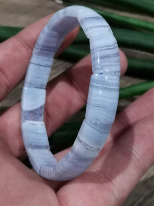 Ágata BLUE LACE , Pulseira com 17,5 cm de comprimento , Conta retangular de 15/10 mm , Pedra natural dos EUA