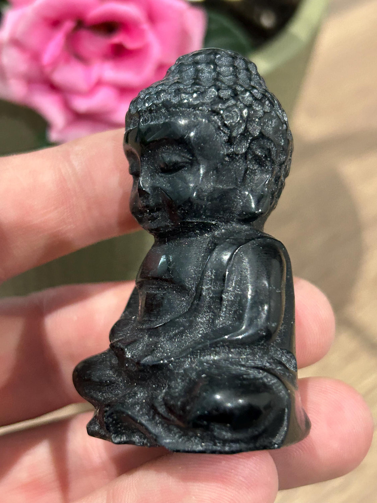 Mini Boeddha Indiase godin van zwart obsidiaan (76 g), ideaal voor Feng Shui, Zen-decoratie en meditatie