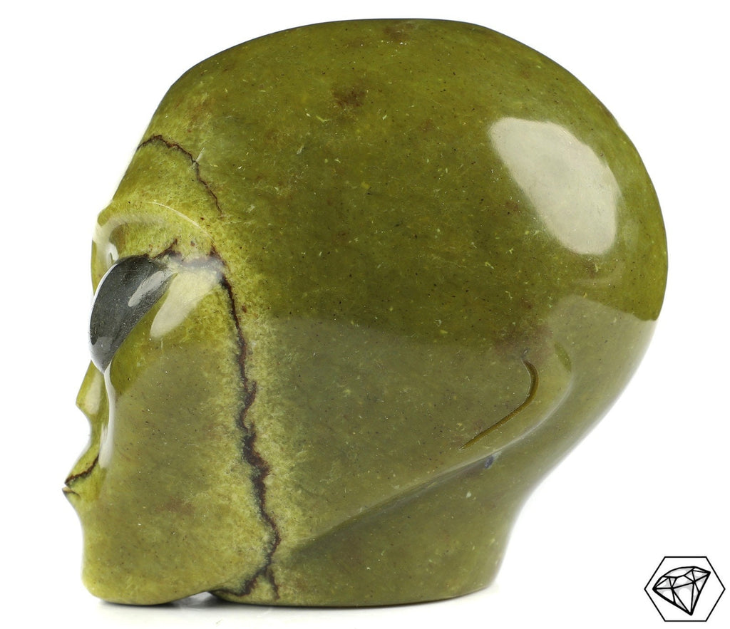 Chrysoprasen-Stein Zitrone / Skulptur Kopf , Schädel außerirdischen Typs Roswell , geschnitzte Mineralien / Wunderkammer