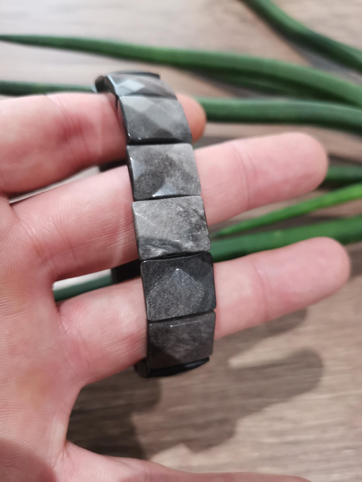Black Obsidian with Silver Reflection, Large 16 x 13 mm Rectangular Bead, Premium Quality / Flexible Bangle Bracelet