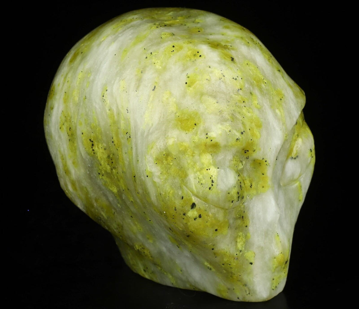 Crâne alien Roswell en serpentine d’Italie · Pierre naturelle XL
