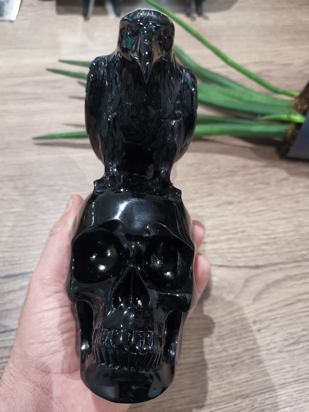 Skelet en raaf van zwart obsidiaan · Collectiebeeldhouwkunst