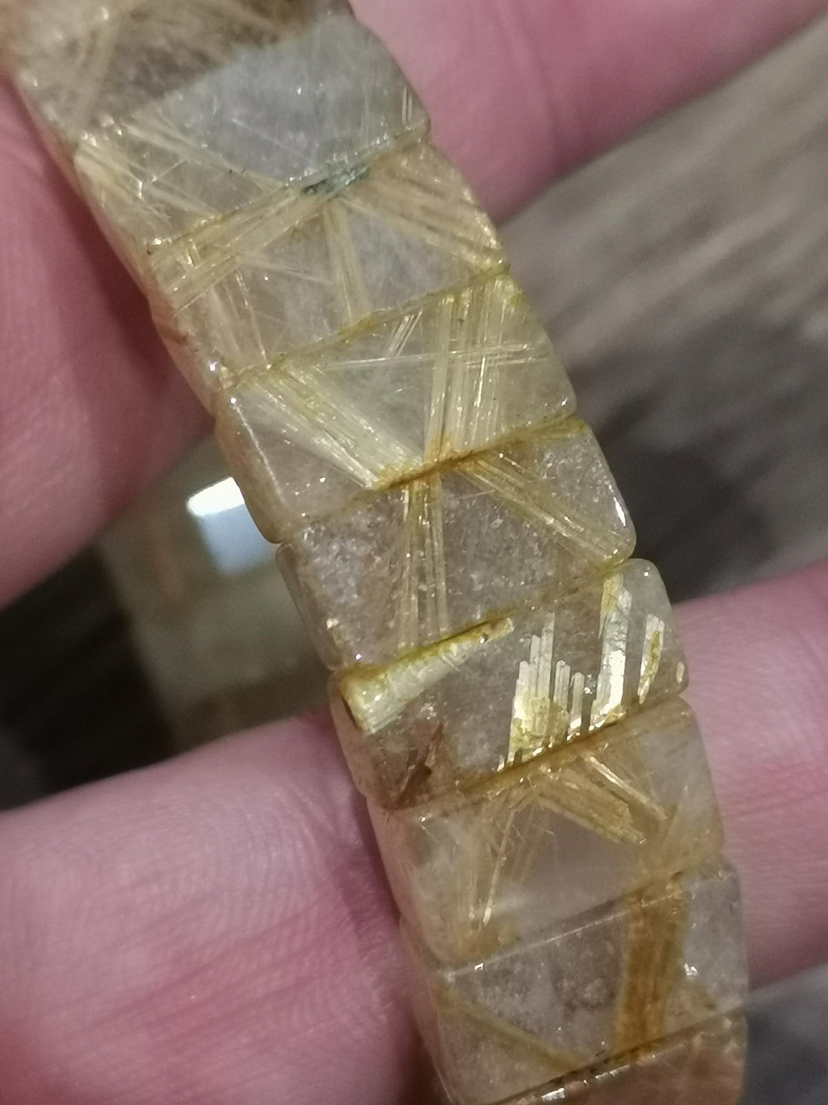 Quarzo Rutilato Oro / capelli d'angelo ->  Bracciale con perla rettangolare / Pietra naturale AAA
