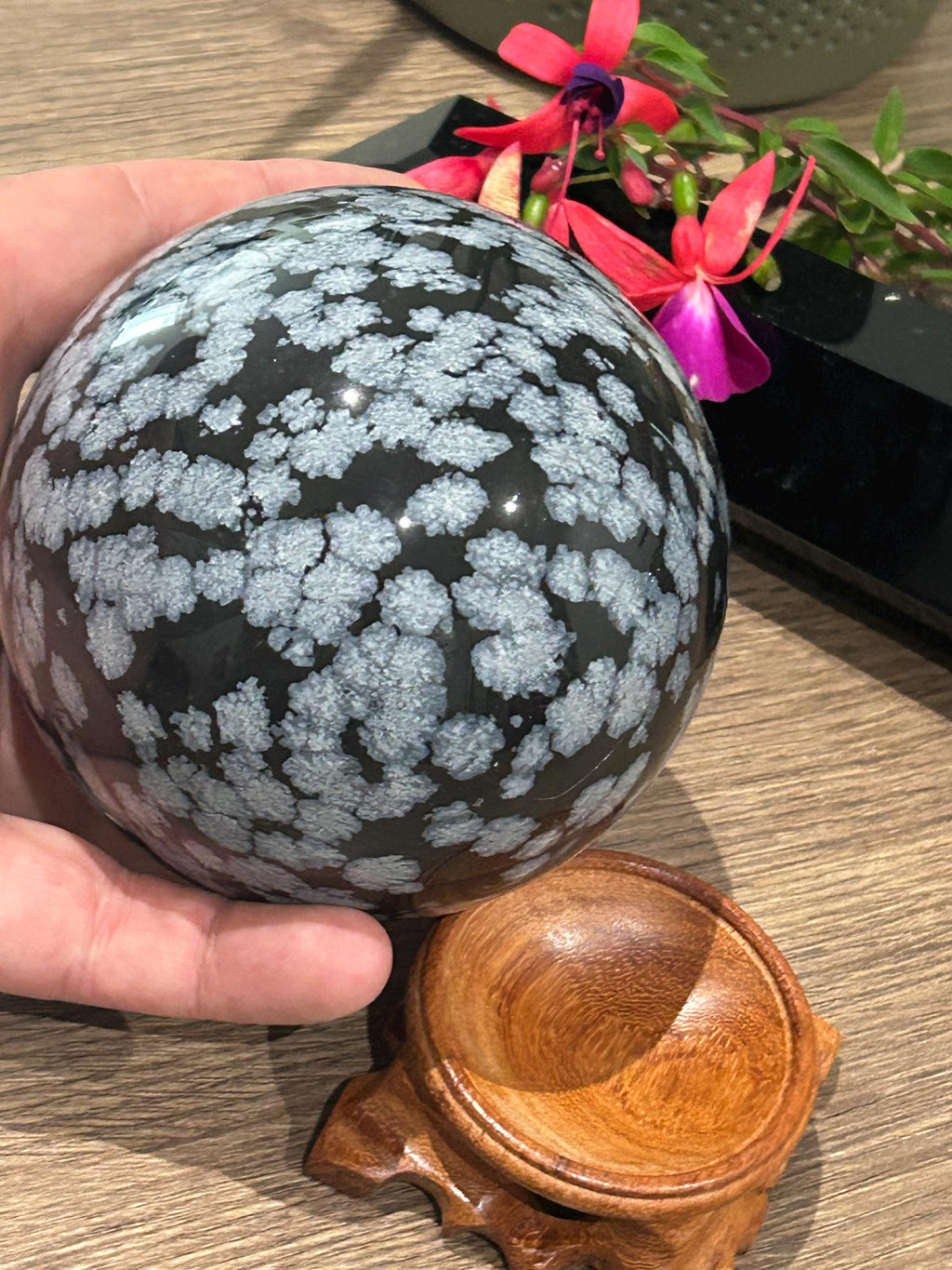 Obsidiana COPOS DE NIEVE , Esfera XL de colección , Diámetros 99 Mm / Litoterapia / Feng shui