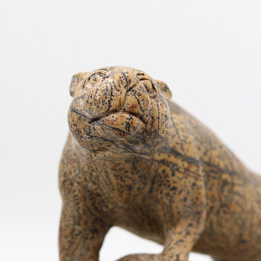 Kat op schedel van jaspis met landschap · Natuurstenen sculptuur