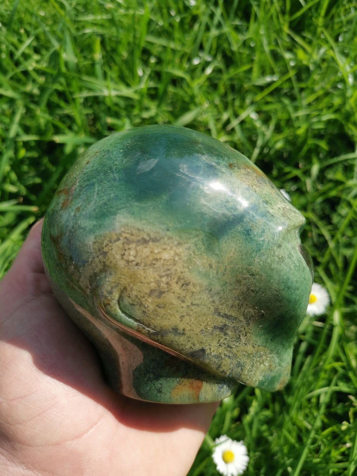 Crâne alien en agate mousse aquatique et labradorite · Pierre naturelle XL