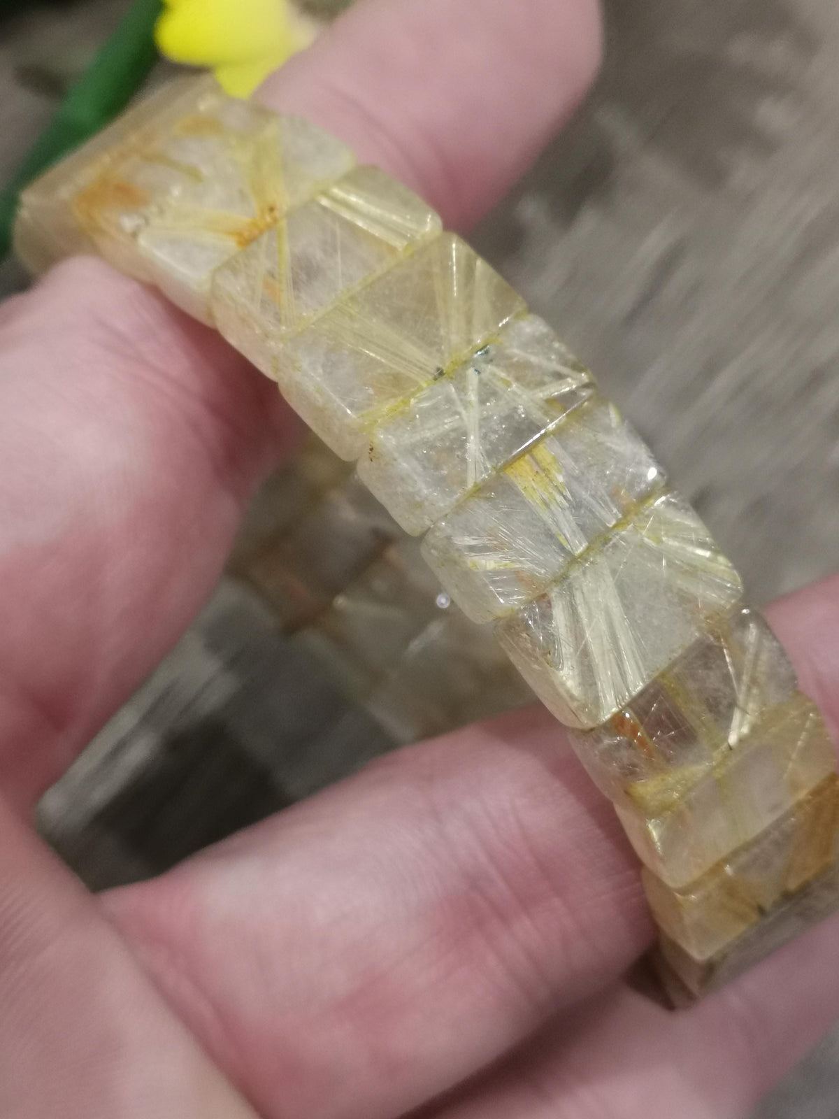 Quarzo Rutilato Oro / capelli d'angelo ->  Bracciale con perla rettangolare / Pietra naturale AAA