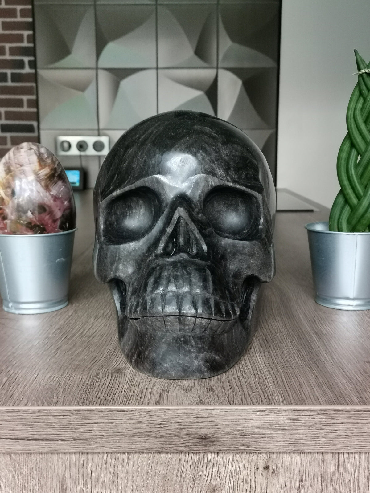 Sculpture Crâne Maitre + 19 KG -> Obsidienne Argentée / Vanité XXL Colosse / Titan
