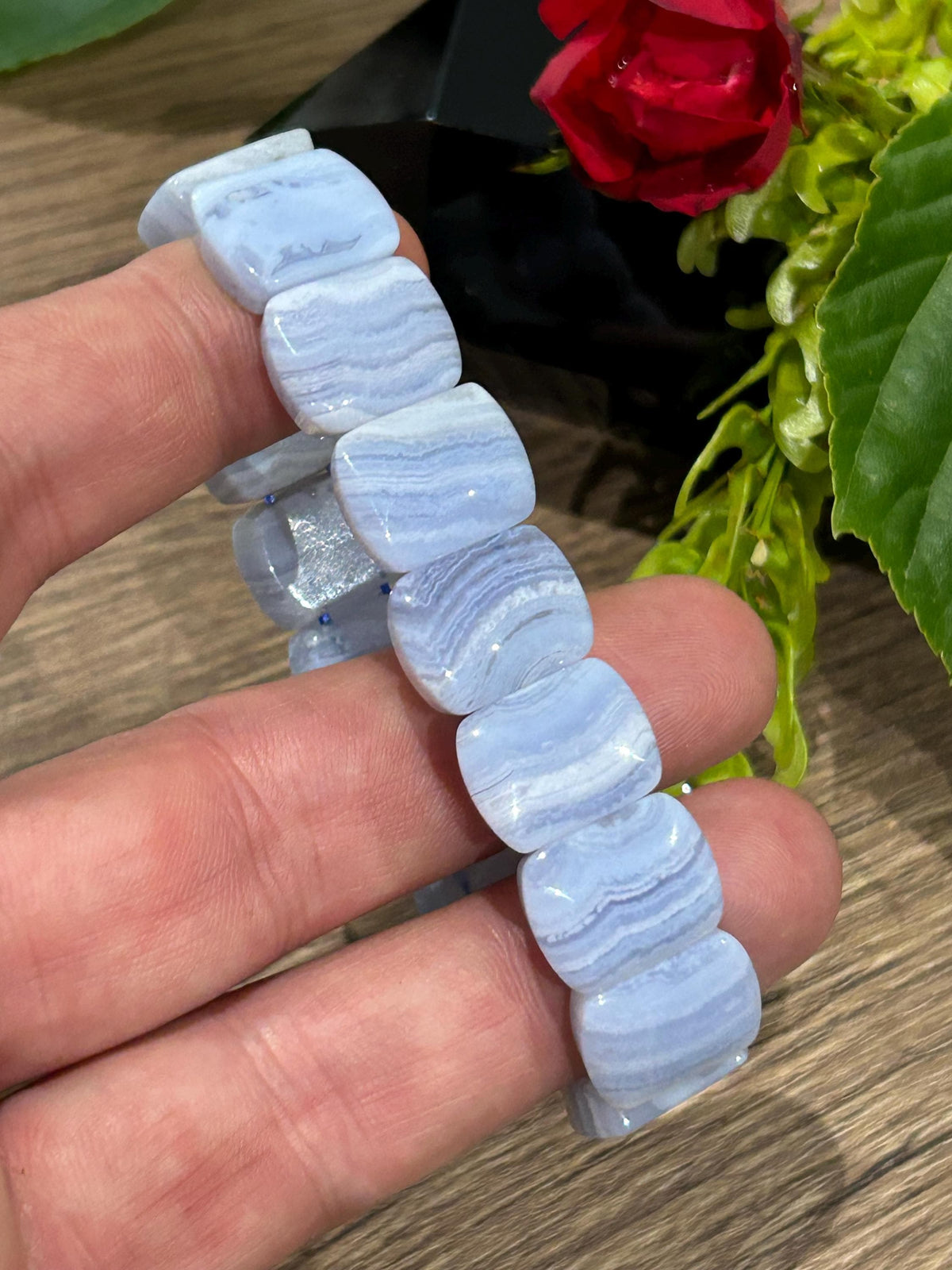 Ágata BLUE LACE , Pulseira com comprimento de 16,5 cm , Pérola em formato oval de 16/12 mm , Pedra natural dos EUA