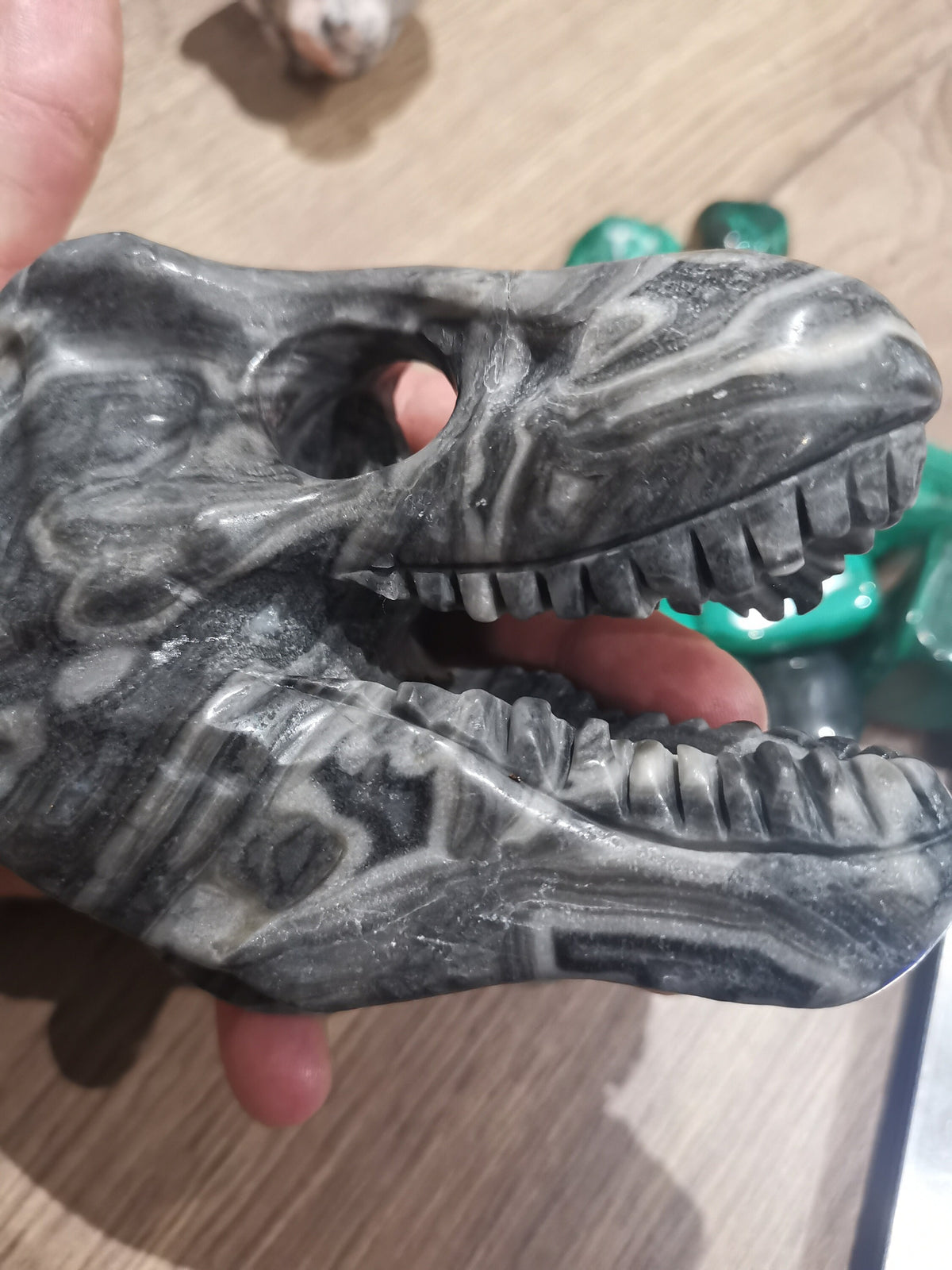 Tyrannosaurus schedel van grijze jaspis, sculptuur standbeeld 958 gram Crystal Skull