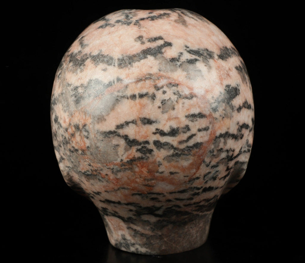 Alien-Schädel Roswell „Pink Tiger“ aus rosa, grau geädertem Stein und Labradorit · XL