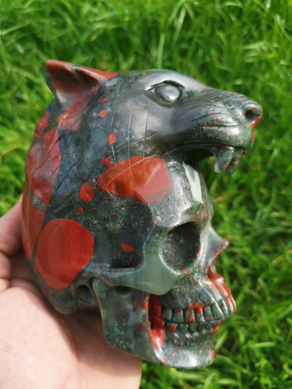 Jaspe de Sangre / Africana , Magnífica Calavera con cabeza de felino Pantera , piedra natural