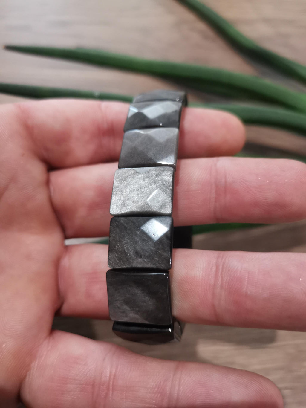 Black Obsidian with Silver Reflection, Large 16 x 13 mm Rectangular Bead, Premium Quality / Flexible Bangle Bracelet