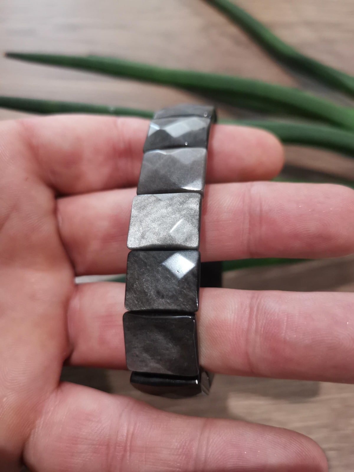 Black Obsidian with Silver Reflection, Large 16 x 13 mm Rectangular Bead, Premium Quality / Flexible Bangle Bracelet