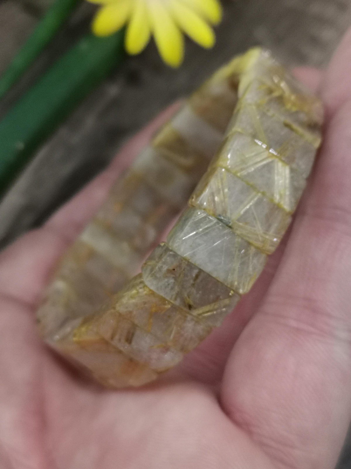 Quarzo Rutilato Oro / capelli d'angelo ->  Bracciale con perla rettangolare / Pietra naturale AAA