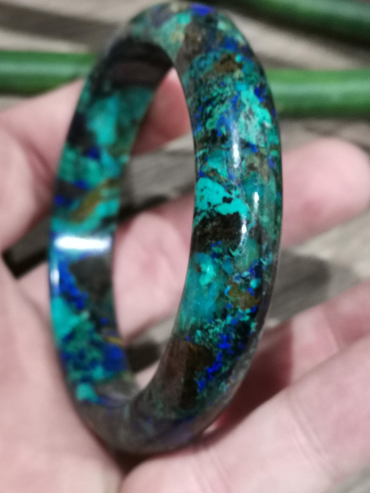 Pulseira JONC rígida em Azurite e Malaquita , Pedra natural , Diâmetro 61 Mm , Presentes , Natal