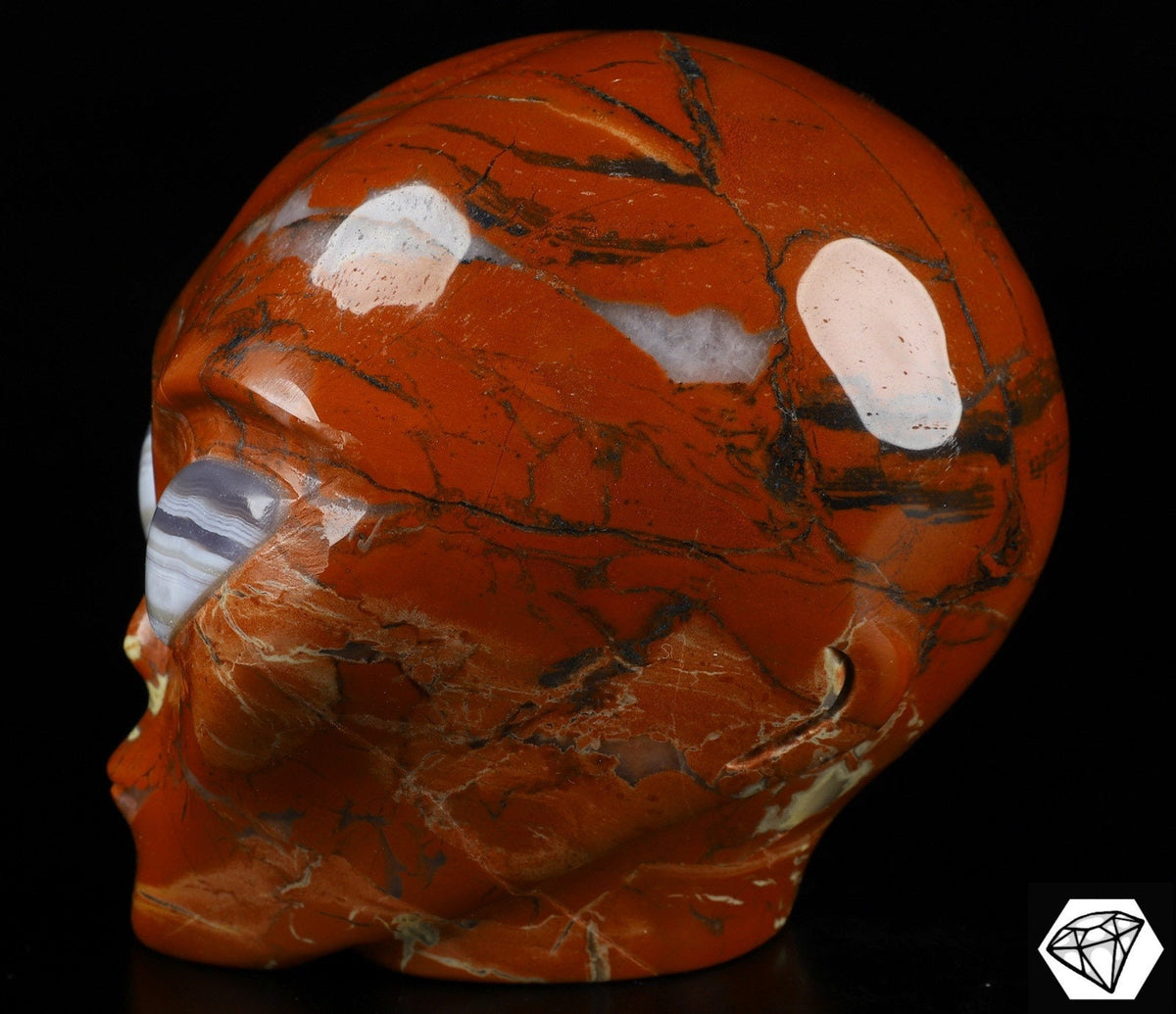 Crâne alien Roswell en jaspe rouge, yeux en agate rubanée · Pièce unique XL