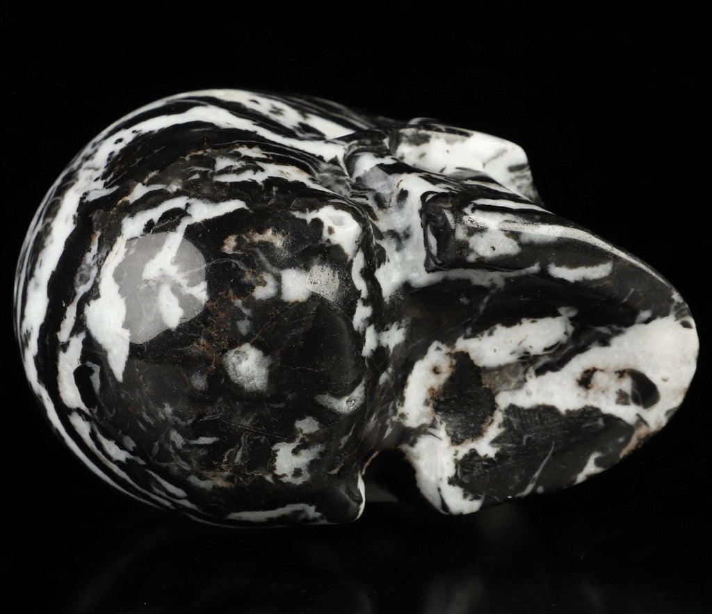 Zebrastreepjasper, prachtige schedelvormige sculptuur, verzameling, meditatie, Feng Shui, ijdelheid, memento mori