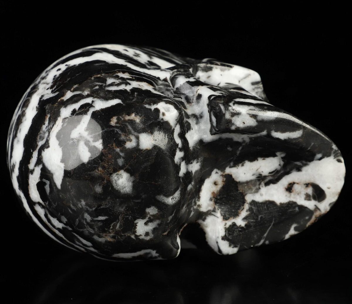 Zebrastreepjasper, prachtige schedelvormige sculptuur, verzameling, meditatie, Feng Shui, ijdelheid, memento mori