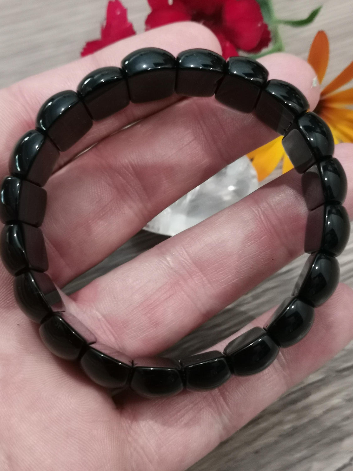 Obsidiana Negra, pulseira à medida -> Conta meia-lua larga de 22 por 11 mm, fabrico com comprimento à medida