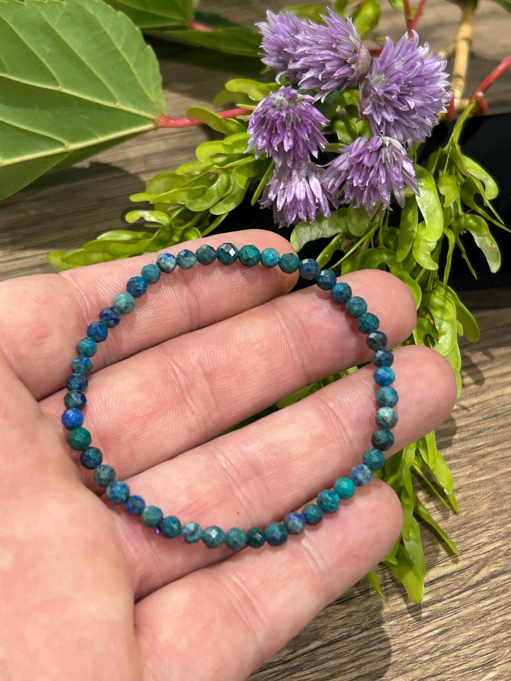 Crisocola Americana AA , Pulsera a medida a elegir , Perla redonda facetada de 4 mm / Piedra natural