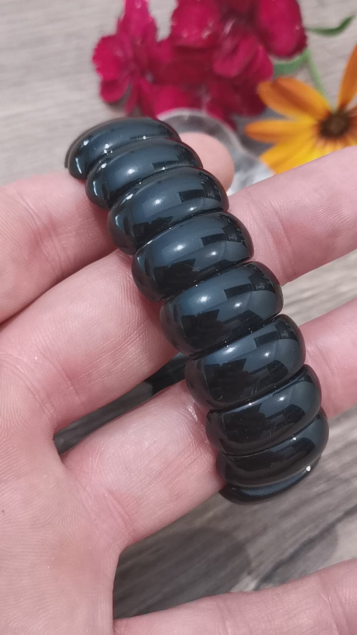 Obsidiana Negra, pulseira à medida -> Conta meia-lua larga de 22 por 11 mm, fabrico com comprimento à medida