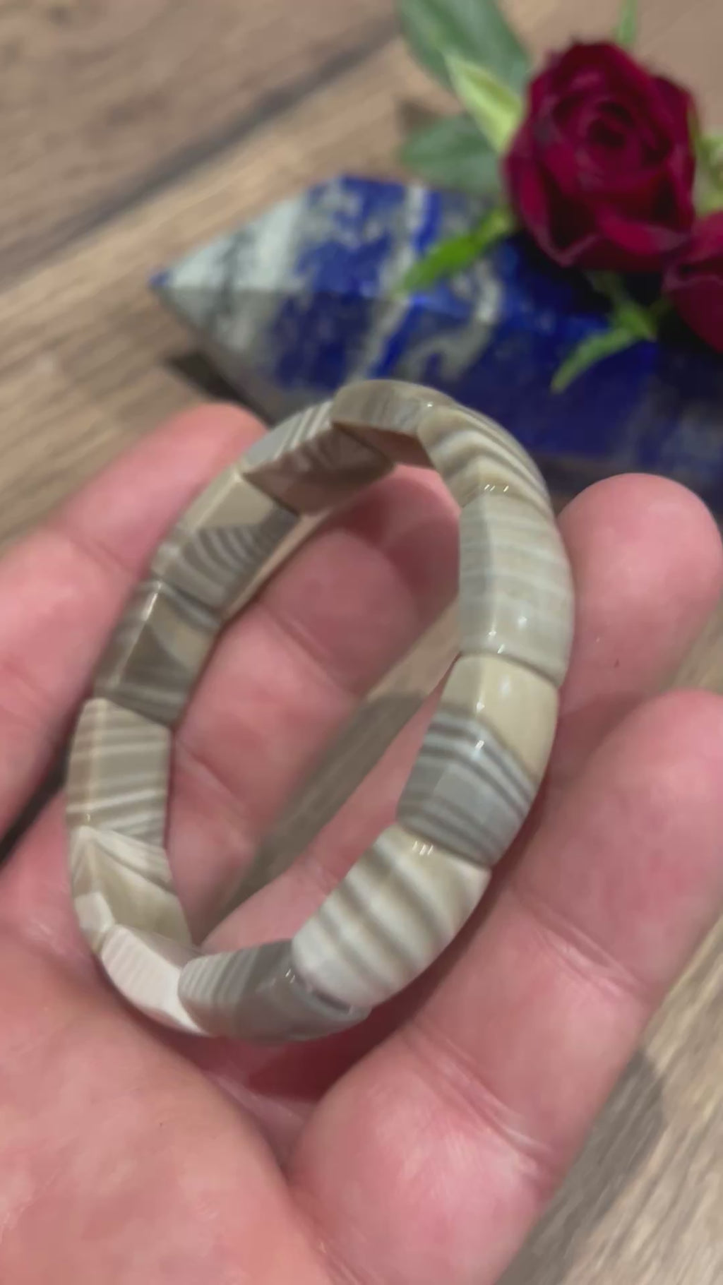 Agata Bandata Marrone, Bracciale con perla rettangolare , Lunghezza di 17 Cm